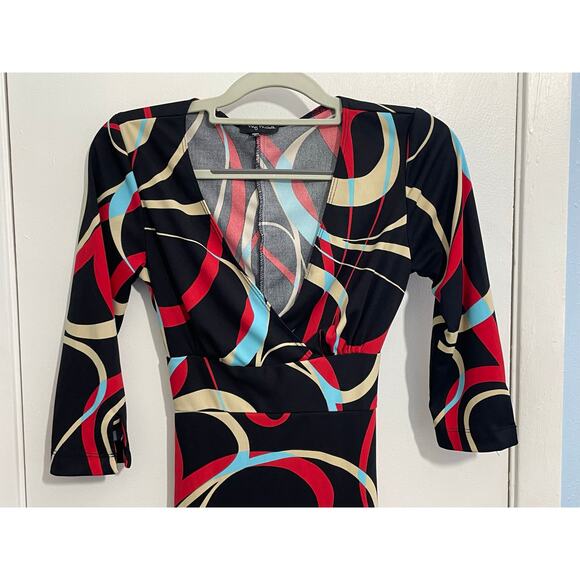Y2K My Michelle Dress Small Geometric Faux Wrap 3/4 Sleeve Office Siren Retro - Picture 2 of 6